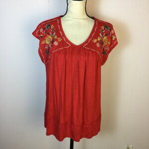 Knox Rose Blouse Top XXL Womans Red Floral Embroidered Short Sleeve V-neck Boho